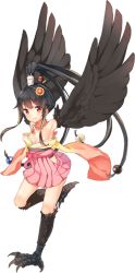 Rule 34 | 1girl, artist request, bare shoulders, bird legs, black feathers, black hair, black wings, breasts, feathers, full body, hair bobbles, hair ornament, harpy, japanese clothes, misaki (monster musume), monster girl, monster musume no iru nichijou, monster musume no iru nichijou online, official art, red eyes, short hair, short hair with long locks, small breasts, solo, talons, transparent background, winged arms, wings