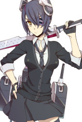 Rule 34 | 10s, 1girl, cardigan, eyepatch, fingerless gloves, gloves, headgear, kantai collection, looking at viewer, machinery, necktie, partially fingerless gloves, personification, potato (oriha94), purple hair, scabbard, sheath, short hair, solo, sword, tenryuu (kancolle), thighhighs, turret, weapon, yellow eyes