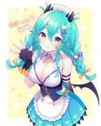 Rule 34 | 1girl, :3, apron, aqua hair, asymmetrical gloves, black gloves, black wings, blue eyes, blue skirt, blush, braid, breasts, cat hair ornament, chitetan, cleavage, cleavage cutout, closed mouth, clothing cutout, commentary request, elbow gloves, fang, fang out, frilled apron, frills, gloves, hair between eyes, hair ornament, hairclip, hand up, horns, indie virtual youtuber, long hair, low wings, maid headdress, medium breasts, pleated skirt, short eyebrows, single elbow glove, skirt, smile, solo, thick eyebrows, translation request, twin braids, twintails, uneven gloves, virtual youtuber, waist apron, white apron, wings, x hair ornament