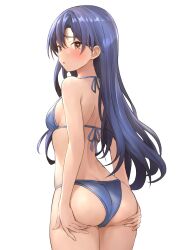 Rule 34 | 1girl, :o, absurdres, ass, ass support, b1ack illust, bikini, blue bikini, blue hair, blush, breasts, butt crack, commentary, commission, dimples of venus, halterneck, hands on own ass, highres, idolmaster, idolmaster (classic), idolmaster million live!, kisaragi chihaya, looking at viewer, looking back, pixiv commission, shoulder blades, simple background, skindentation, small breasts, solo, string bikini, swimsuit, white background
