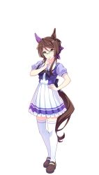 Rule 34 | animal ears, breasts, brown hair, closed mouth, full body, glasses, hair between eyes, hair bun, hair ornament, highres, horse ears, horse girl, horse tail, looking at viewer, medium breasts, official art, red eyes, ribbon, royce and royce (umamusume), school uniform, standing, tail, thighhighs, tracen school uniform, transparent background, umamusume