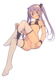 Rule 34 | 1girl, armlet, ass, bikini, bikini bottom pull, black bikini, black choker, blush, breasts, censored, choker, closed mouth, commentary, everyntrge, full body, hair between eyes, hand on own ass, highres, light smile, long hair, looking at viewer, mosaic censoring, original, purple eyes, purple hair, pussy, sidelocks, simple background, small breasts, solo, string bikini, swimsuit, thighhighs, twintails, white background, white thighhighs