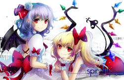 Rule 34 | 2girls, adapted costume, alternate costume, back cutout, bat wings, blonde hair, bow, clothing cutout, crystal, flandre scarlet, flower, gambol edelin, hair bow, hair flower, hair ornament, hair ribbon, laevatein, light purple hair, long hair, looking at viewer, looking back, lying, multiple girls, no headwear, no headwear, on stomach, pointy ears, puffy sleeves, red eyes, remilia scarlet, ribbon, shirt, short hair, short sleeves, siblings, side ponytail, sisters, sitting, skirt, skirt set, sleeveless, smile, text focus, touhou, white background, wings, wrist cuffs