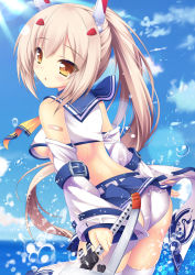 Rule 34 | 1girl, areola slip, ass, ayanami (azur lane), azur lane, bad id, bad pixiv id, bandaid, bandaid on arm, bare shoulders, blue sailor collar, blue skirt, blue sky, blush, breasts, brown eyes, bubble, clothes lift, cloud, commentary request, crop top, day, detached sleeves, fingernails, hair between eyes, head tilt, highres, holding, holding sword, holding weapon, horizon, light brown hair, long hair, long sleeves, looking at viewer, looking back, medium breasts, microskirt, moyasi06 25, ocean, outdoors, panties, parted lips, pleated skirt, ponytail, sailor collar, school uniform, serafuku, shirt, skindentation, skirt, skirt lift, sky, sleeveless, sleeveless shirt, solo, sword, underwear, very long hair, water, weapon, white panties, white shirt, wind, wind lift