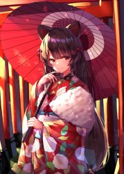 Rule 34 | 1girl, animal ears, blush, bow, brown eyes, brown hair, closed mouth, commentary request, dog ears, dog hair ornament, eyebrows hidden by hair, fang, fang out, floral print, flower, fur trim, hair bow, hair flower, hair ornament, heterochromia, highres, holding, holding umbrella, inui toko, inui toko (4th costume), japanese clothes, kimono, long hair, long sleeves, low-tied long hair, nail polish, nijisanji, obi, oil-paper umbrella, print kimono, red bow, red eyes, red flower, red kimono, red nails, red umbrella, sash, smile, solo, standing, umbrella, very long hair, virtual youtuber, wide sleeves, yuuki nao (pixiv10696483)