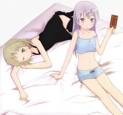 Rule 34 | 2girls, bad id, bad pixiv id, bed, blue eyes, blue hair, blush, camisole, card, coop (coupon123), eila ilmatar juutilainen, green eyes, green hair, holding, holding card, lingerie, multiple girls, sanya v. litvyak, short hair, strike witches, underwear, world witches series