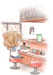 Rule 34 | + +, 10s, 1girl, akagi (kancolle), black legwear, blouse, blush stickers, bowl, brown eyes, brown hair, chibi, chopsticks, commentary request, counter, drooling, eating, folded ponytail, food, foot dangle, from behind, fujishima shinnosuke, inazuma (kancolle), indoors, kantai collection, long sleeves, noodles, photo (object), pitcher (container), pleated skirt, ramen, restaurant, school uniform, serafuku, shirt, shoes, sitting, skirt, solo, stool, white shirt, window