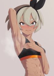 Rule 34 | 1girl, abs, absurdres, arm up, armpit focus, armpits, bea (pokemon), black hairband, commentary request, creatures (company), dark-skinned female, dark skin, game freak, grey background, grey eyes, grey hair, gym leader, hair between eyes, hairband, highres, looking at viewer, nervous sweating, nintendo, pokemon, pokemon swsh, presenting armpit, putcher, short hair, simple background, solo, sports bra, steaming body, stomach, sweat, toned, upper body, very sweaty