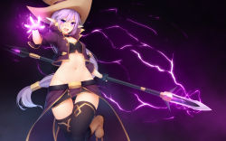 Rule 34 | 1girl, :d, black thighhighs, blush, boots, choker, electricity, elf, facial mark, flat chest, groin, hat, highres, kaleina (ricegnat), long hair, looking at viewer, nail polish, navel, no panties, open mouth, original, pointy ears, polearm, purple eyes, purple hair, ricegnat, skirt, smile, solo, thighhighs, weapon, witch hat, zettai ryouiki