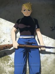 Rule 34 | 00s, 1girl, against wall, black shirt, blonde hair, blue pants, breasts, brown eyes, brown shirt, closed mouth, earrings, female focus, folded ponytail, fullmetal alchemist, gun, handgun, holding, holding gun, holding weapon, holster, jewelry, large breasts, legs, looking at viewer, marksman, military, military uniform, official art, pants, ponytail, rifle, riza hawkeye, serious, shadow, shirt, short hair, skin tight, sniper, solo, standing, thighs, uniform, wall, weapon