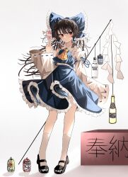 Rule 34 | 1girl, absurdres, alcohol, alternate color, ascot, bare shoulders, between fingers, blue bow, blue skirt, blue vest, bow, commentary, detached sleeves, english commentary, full body, hair bow, hakurei reimu, hand up, highres, holding, long sleeves, ofuda, ofuda between fingers, ougiikun, player 2, simple background, skirt, skirt set, sleeves past fingers, sleeves past wrists, solo, standing, tiptoes, touhou, vest, vodka, white background, wide sleeves, yellow ascot