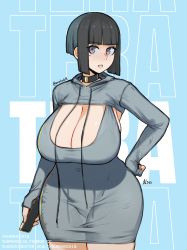 Rule 34 | 1girl, absurdres, aurahack, black hair, breasts, cellphone, character name, choker, cleavage, cleavage cutout, clothing cutout, curvy, dress, hand on own hip, highres, huge breasts, long hair, looking at viewer, mole, mole under eye, multicolored hair, original, phone, purple eyes, smartphone, solo, tera (aurahack), thick thighs, thighs, twitter username, wide hips