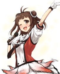 Rule 34 | 10s, 1girl, :d, ;d, ahoge, antenna hair, arm up, blush, brown eyes, brown hair, don (29219), double bun, gloves, hair bun, hair ornament, holding, holding microphone, idol, kantai collection, looking at viewer, microphone, naka (kancolle), naka kai ni (kancolle), necktie, one eye closed, open mouth, ribbon, school uniform, serafuku, short hair, simple background, skirt, smile, solo, twitter username, white background, white gloves