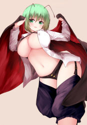 Rule 34 | 1girl, absurdres, alternate breast size, amazaki ria, antennae, arms up, baggy pants, black cape, black panties, blue pants, blush, breasts, brown background, button panties, buttons, cape, collared shirt, commentary, crossed bangs, english commentary, feet out of frame, garter straps, green eyes, green hair, halterneck, highres, large breasts, looking at viewer, looking down, navel, open clothes, open mouth, open shirt, panties, pants, red cape, shirt, short hair, simple background, smile, solo, standing, stomach, thighs, touhou, two-sided cape, two-sided fabric, two-tone cape, underboob, underwear, white shirt, wing collar, wriggle nightbug, wrist cuffs