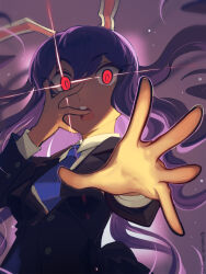 Rule 34 | 1girl, animal ears, black jacket, blazer, blue necktie, boa (brianoa), buttons, collared shirt, commentary, diffraction spikes, english commentary, floating hair, hair between eyes, hand on own face, highres, jacket, light particles, long hair, long sleeves, looking at viewer, necktie, open mouth, outstretched arm, purple background, purple hair, rabbit ears, reaching, reaching towards viewer, red eyes, reisen udongein inaba, shirt, solo, teeth, touhou, twitter username, upper body, upper teeth only, very long hair, white shirt