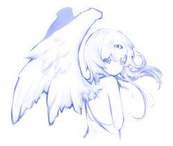 Rule 34 | 1girl, angel wings, bare back, closed mouth, hgb2201, highres, looking at viewer, looking back, non-web source, original, solo, third eye, white background, wings