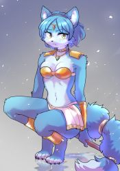 Rule 34 | 1girl, :&lt;, absurdres, animal ears, animal hands, armor, artist name, barefoot, blue hair, blush, breasts, choker, circlet, claws, closed mouth, dated, female focus, fox ears, fox tail, full body, furry, furry female, gradient background, green eyes, grey hairband, hairband, hatomura miri, highres, holding, holding staff, jewelry, jpeg artifacts, krystal, loincloth, looking away, looking to the side, medium breasts, navel, necklace, nintendo, reflection, short hair, shoulder armor, simple background, solo, squatting, staff, star fox, strapless, tail, tube top, vambraces, watermark