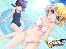 Rule 34 | 2girls, animal ears, bikini, blonde hair, blue eyes, braid, brown hair, cat ears, chibimame, day, dutch angle, eye contact, green eyes, highres, innertube, looking at another, milly (paperman), multicolored eyes, multiple girls, one-piece swimsuit, paper man, school swimsuit, short hair, swim ring, swimsuit, tina (paperman), twin braids