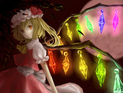 Rule 34 | 1girl, ascot, blonde hair, faux traditional media, flandre scarlet, full moon, glowing, hat, hat ribbon, head tilt, highres, leaf, light frown, looking at viewer, mob cap, moon, noi (nuoyawupengchuan), puffy short sleeves, puffy sleeves, red background, red eyes, red moon, ribbon, short hair, short sleeves, side ponytail, skirt, skirt set, slit pupils, solo, touhou, wings