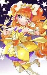 Rule 34 | 1girl, amanogawa kirara, arm garter, bare shoulders, boots, bow, choker, collarbone, commentary request, cure twinkle, dress, earrings, eyelashes, frilled dress, frills, gloves, go! princess precure, gradient background, happy, high heel boots, high heels, highres, jewelry, long hair, looking at viewer, magical girl, multicolored hair, orange hair, pink hair, precure, purple background, purple eyes, quad tails, scrunchie, sharumon, smile, solo, star (symbol), star earrings, strapless, streaked hair, thigh boots, tiara, two-tone hair, v, waist bow, white gloves, yellow choker, yellow dress