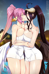 Rule 34 | 2girls, ahoge, albedo (overlord), black hair, black wings, breast press, breasts, collarbone, commission, crossover, eye contact, feathered wings, grey horns, horns, jibril (no game no life), kiss, large breasts, lindaroze, long hair, looking at another, low wings, multiple girls, naked towel, no game no life, overlord (maruyama), pink hair, ponytail, saliva, standing, symmetrical docking, thighs, towel, white wings, wings, yuri