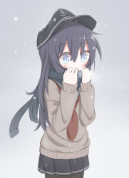 Rule 34 | 10s, 1girl, akatsuki (kancolle), anchor symbol, ayanepuna, blue eyes, breath, commentary request, flat cap, gradient background, hat, highres, kantai collection, long hair, neckerchief, pantyhose, purple hair, red neckerchief, scarf, school uniform, serafuku, skirt, snowing, solo, sweater