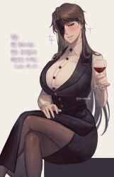 1girl 50x48x48 aizen_sousuke alternate_costume apron artist_name black_apron black_skirt black_vest bleach bleach:_sennen_kessen-hen blurry_text breast_pocket breasts brown_eyes brown_hair buttons collared_shirt collared_vest commentary_request cup curtained_hair drinking_glass eyepatch genderswap genderswap_(mtf) hand_on_own_thigh highres holding holding_cup large_breasts lips long_hair long_sleeves looking_at_viewer nose pantyhose parted_bangs parted_lips pencil_skirt pocket shirt short_bangs sitting skirt smile solo sparkle teeth thick_thighs thighs twitter_username very_long_hair vest waist_apron white_shirt wine_glass