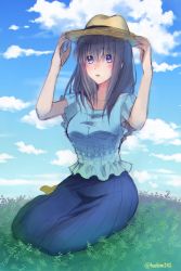 Rule 34 | 1girl, absurdres, bad id, bad twitter id, blue eyes, blue shirt, blue skirt, blue sky, blush, cloud, commentary request, day, gras, grey hair, hands on headwear, hands up, hat, highres, hushimi-nanodesu, idolmaster, idolmaster cinderella girls, long hair, long skirt, looking at viewer, outdoors, parted lips, sagisawa fumika, shirt, sitting, skirt, sky, solo, twitter username