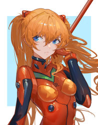 Rule 34 | 1girl, blue eyes, blush, bodysuit, breasts, hair between eyes, hairpods, highres, holding, holding weapon, interface headset, long hair, looking at viewer, neon genesis evangelion, orange hair, piao miao, pilot suit, plugsuit, red bodysuit, simple background, solo, souryuu asuka langley, twintails, two side up, upper body, weapon
