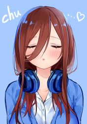 Rule 34 | 1girl, blue background, blue sweater, blush, breasts, collared shirt, dress shirt, closed eyes, go-toubun no hanayome, hair between eyes, headphones, headphones around neck, heart, highres, incoming kiss, large breasts, long hair, memidesuyo, nakano miku, parted lips, red hair, shirt, simple background, solo, sweater, upper body, white shirt