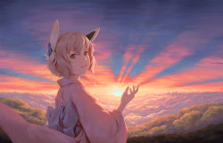 Rule 34 | 1girl, back bow, bigrbear, blonde hair, bow, cloud, gradient sky, green eyes, headgear, highres, horizon, japanese clothes, kimono, large bow, looking at viewer, looking back, original, outdoors, parted lips, pink kimono, purple bow, short hair, sky, smile, solo, sun, sunlight, sunrise, upper body, yukata