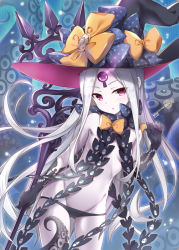 Rule 34 | 1girl, :o, abigail williams (fate), abigail williams (third ascension) (fate), bankoku ayuya, black bow, black gloves, black hat, black panties, bow, breasts, cowboy shot, elbow gloves, fate/grand order, fate (series), floating hair, gloves, groin, hat, hat bow, holding, holding staff, key, leaning to the side, long hair, navel, orange bow, panties, parted bangs, print bow, purple eyes, silver hair, skull print, small breasts, solo, staff, standing, star (symbol), star print, third eye, topless, underboob, underwear, very long hair, witch hat