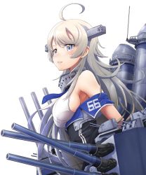 Rule 34 | 1girl, absurdres, ahoge, bare shoulders, blue necktie, breasts, cannon, grey eyes, headgear, highres, kantai collection, kyou (tr-6), large breasts, long hair, necktie, rigging, shirt, silver hair, sleeveless, sleeveless shirt, smokestack, solo, turret, washington (kancolle), white shirt