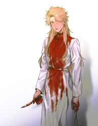 Rule 34 | 1girl, blonde hair, blood, blood on clothes, blood on hands, bloody weapon, breasts, closed mouth, commentary request, dio brando, dress, ear birthmark, earrings, genderswap, genderswap (mtf), hako iix07, holding, holding knife, injury, jewelry, jojo no kimyou na bouken, knife, long hair, long sleeves, looking at viewer, medium breasts, photo-referenced, scar, scar on neck, shadow, solo, very long hair, weapon, white dress, yellow eyes