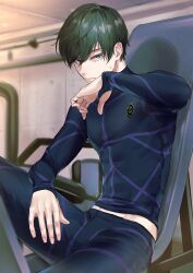 Rule 34 | 1boy, arm up, black hair, blue eyes, blue lock, blue pants, blue shirt, chair, closed mouth, cowboy shot, cst, highres, indoors, itoshi rin, long sleeves, looking at viewer, male focus, pants, shirt, short hair, sitting, sleeves past wrists, solo, sweat