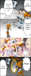 Rule 34 | 1girl, 4koma, aged down, alternate language, aperture science handheld portal device, chell, chibi, comic, hard-translated, hat, magical girl, musical note, portal, portal (series), portal 1, portal 2, third-party edit, translated, uotapo, wheatley, witch hat