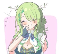 Rule 34 | 1girl, absurdres, antlers, asymmetrical bangs, bakedmonogamy, braid, branch, breasts, ceres fauna, cleavage, cleavage cutout, closed eyes, clothing cutout, dress, flower, green hair, hair flower, hair ornament, hand on own face, head tilt, highres, hololive, hololive english, horns, large breasts, leaf, medium hair, smile, teeth, virtual youtuber, wavy hair, white background