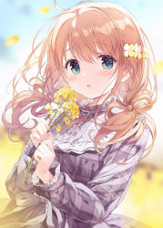 Rule 34 | 1girl, blonde hair, blue eyes, blue sky, blurry, blurry background, blush, branch, brown hair, falling petals, flower, frilled shirt, frills, hair between eyes, hair blowing, hair flower, hair ornament, holding, holding flower, kimishima ao, lace-trimmed sleeves, lace trim, looking at viewer, looking to the side, momoi saki, open mouth, orange hair, original, petals, ribbon, ribbon hair, shirt, simple background, sky, spring (season), twintails, yellow flower