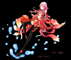 Rule 34 | 10s, 1girl, bare shoulders, black background, black thighhighs, breasts, center opening, cleavage, detached sleeves, elbow gloves, fanhoax, fingerless gloves, full body, gloves, guilty crown, hair ornament, hairclip, highres, long hair, looking at viewer, navel, pink hair, red eyes, simple background, small breasts, smile, solo, thighhighs, twintails, yuzuriha inori