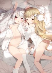 Rule 34 | 2girls, :o, ;o, ahoge, animal ears, ass, asymmetrical legwear, azur lane, bad id, bad pixiv id, bare shoulders, bed sheet, blonde hair, blush, breasts, brown eyes, collarbone, commentary request, dress shirt, eldridge (azur lane), facial mark, feet out of frame, female focus, fingernails, groin, head tilt, highres, holding hands, interlocked fingers, laffey (azur lane), long hair, long sleeves, lying, mafuyu (chibi21), multiple girls, naked shirt, navel, off shoulder, on back, on side, one eye closed, open clothes, open shirt, parted lips, pillow, purple eyes, rabbit ears, shirt, sidelocks, silver hair, sleeves past wrists, small breasts, thighhighs, thighhighs pull, twintails, twitter username, uneven legwear, very long hair, white legwear, white shirt