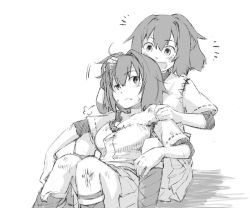 Rule 34 | 10s, 2girls, :d, bruise, greyscale, hand on another&#039;s head, hand on another&#039;s shoulder, hyuuga (kancolle), injury, ise (kancolle), japanese clothes, kantai collection, konno akikaze, leaning on person, monochrome, multiple girls, open mouth, pleated skirt, ponytail, short hair, sitting, skirt, smile, torihamu, torn clothes, white background