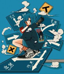 Rule 34 | 1girl, between legs, black eyes, black footwear, blue background, blue hair, blue shorts, blunt ends, bob cut, checkered footwear, cigarette, cloud, denim, denim shorts, from side, full body, grey sweater, hand between legs, highres, holding, holding cigarette, long sleeves, looking at viewer, looking to the side, nao97122, orange socks, original, print sweater, road sign, shoes, short hair, shorts, sign, smoke, smoking, sneakers, socks, solo, squatting, streetwear, sweater