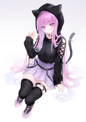 Rule 34 | 1girl, absurdres, alternate costume, arm at side, bad id, bad pixiv id, belt, belt buckle, black hoodie, black thighhighs, blush, breasts, buckle, cat girl, cat tail, choker, closed mouth, full body, hand up, heart, highres, hololive, hood, hood up, hoodie, long hair, long sleeves, looking at viewer, mashiro shiki, medium breasts, minato aqua, miniskirt, pink eyes, pink footwear, pink hair, pleated skirt, purple choker, purple skirt, ribbon, simple background, sitting, skirt, sleeves past wrists, solo, spikes, tail, tail ornament, tail ribbon, thighhighs, very long hair, virtual youtuber, white background, white ribbon, zettai ryouiki