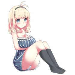 Rule 34 | 1girl, bad id, bad pixiv id, black legwear, blonde hair, blue eyes, blush, breast hold, breasts, large breasts, original, panties, sei000, short hair, simple background, smile, solo, striped clothes, striped panties, underwear, white background