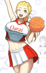 Rule 34 | 2girls, :|, absurdres, alternate costume, arm up, armpits, blonde hair, breast envy, brown eyes, cheerleader, closed mouth, clothes writing, cropped shirt, expressionless, girls und panzer, hair pulled back, hair tie, highres, holding, holding pom poms, kawanishi shinobu, long hair, looking at viewer, low ponytail, midriff, miniskirt, multiple girls, navel, open mouth, partially colored, pleated skirt, pom pom (cheerleading), pom poms, ponytail, red shirt, red skirt, romaji text, sasaki akebi, shirt, short ponytail, skirt, smile, standing, star (symbol), swept bangs, tank top, yougata