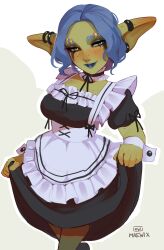 Rule 34 | 1girl, absurdres, apron, artist name, black dress, blue eyes, blue hair, blue lips, blush, clothes lift, colored skin, curtsey, detached collar, dress, dress lift, earrings, eyebrow piercing, female goblin, freckles, goblin, green skin, heterochromia, highres, jewelry, looking at viewer, maewix (artist), maid, maid apron, narrowed eyes, orange eyes, original, piercing, pointy ears, smile, solo, white apron, wrist cuffs