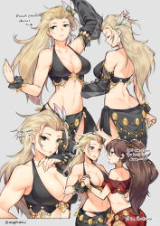 Rule 34 | 2girls, arms up, ass, black dress, blonde hair, breasts, brown hair, butt crack, chain, dancer, dimples of venus, dress, english text, expressionless, feathers, ge-b, gold bracelet, gold chain, green eyes, h&#039;aanit (octopath traveler), hair pulled back, highres, holding hands, large breasts, lips, multiple girls, multiple views, navel, no bangs, octopath traveler, octopath traveler i, ponytail, primrose azelhart, red dress, to be continued, wristband, yuri
