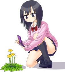 Rule 34 | 1girl, black eyes, black footwear, black hair, black socks, bow, bowtie, breasts, bug, butterfly, cardigan, cellphone, collarbone, collared shirt, convenient leg, dandelion, flip phone, flower, holding, holding phone, insect, loafers, long hair, long sleeves, maruput, miniskirt, on one knee, original, phone, pink cardigan, plaid, plaid skirt, pleated skirt, red bow, red bowtie, school uniform, shirt, shoes, simple background, skirt, sleeves past wrists, small breasts, socks, solo, straight hair, striped bow, striped bowtie, striped clothes, striped neckwear, thighs, triangle mouth, white background, white shirt, yellow flower