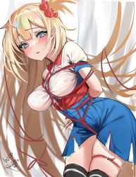 Rule 34 | 1girl, absurdres, akai haato, akai haato (1st costume), arms behind back, artist name, black thighhighs, blonde hair, blue eyes, blue skirt, blush, bound, bound arms, breasts, breasts apart, collared dress, commentary, dress, english commentary, hair ornament, hair scrunchie, heart, heart-shaped pupils, highres, hololive, leaning forward, long hair, looking at viewer, medium breasts, one side up, parted lips, red rope, rope, rosebell, sash, scrunchie, shibari, shibari over clothes, short sleeves, signature, sketch, skindentation, skirt, solo, symbol-shaped pupils, thigh strap, thighhighs, unfinished, very long hair, virtual youtuber, white dress