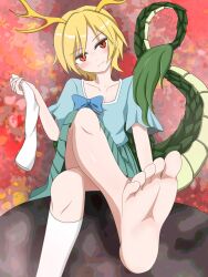 Rule 34 | antlers, bare legs, barefoot, blonde hair, blue shirt, crossed legs, dragon girl, dragon horns, dragon tail, feet, foot focus, foot out of frame, highres, horns, kicchou yachie, red eyes, sannkametaro, shirt, short hair, soles, square neckline, tail, toes, touhou, turtle shell, yellow horns